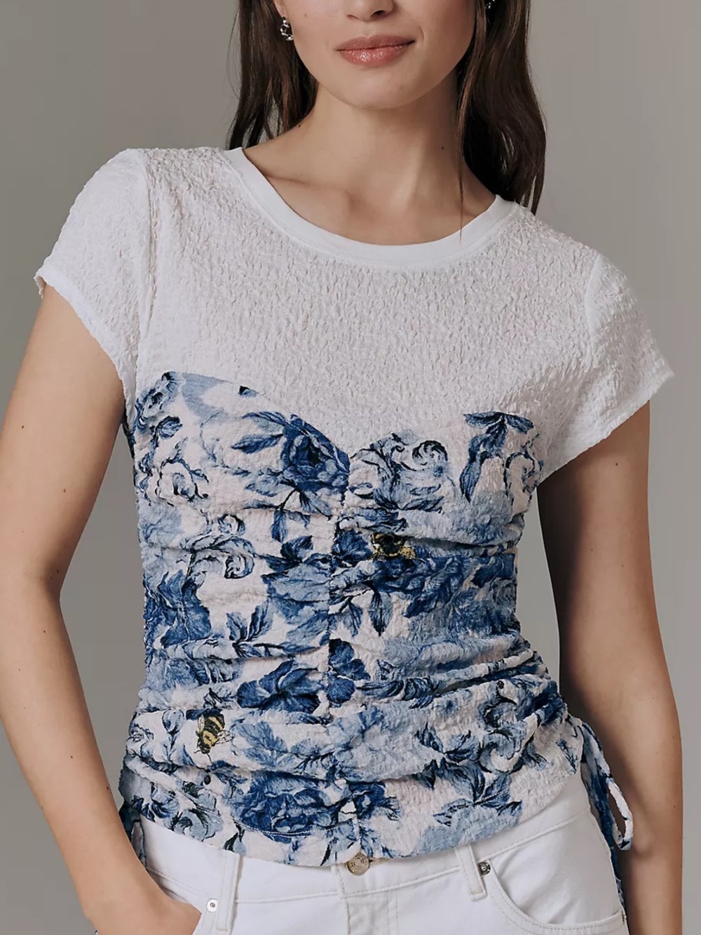 Maeve Ruched Corset Short-Sleeve Top Anthropologie Blue Floral Small NWT $78